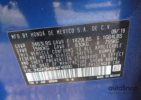 2019 Honda Fit Lx from USA, damaged, VIN 3HGGK5H48KM746890